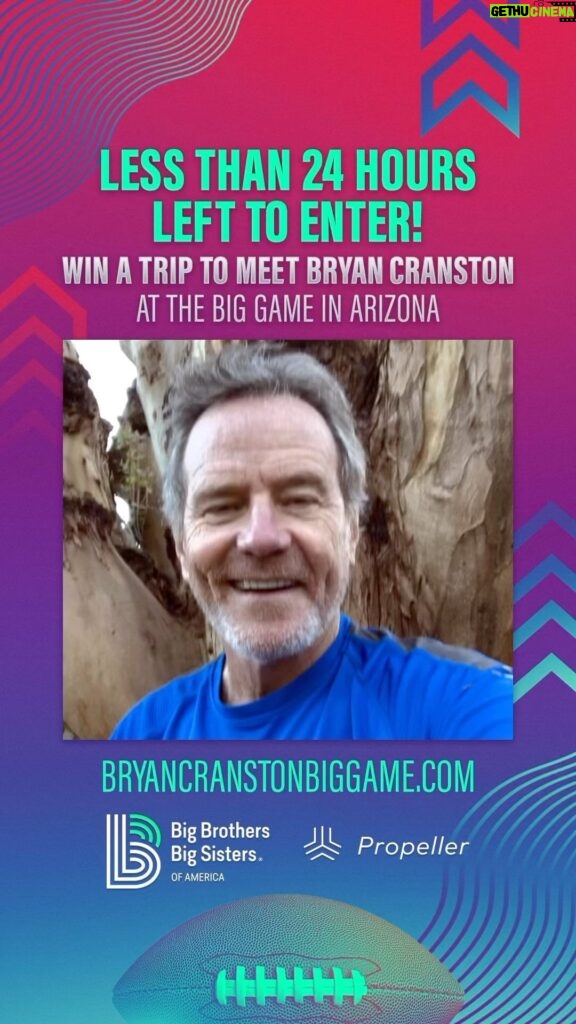 Bryan Cranston Instagram - Enter now! Less than 24 hours to enter to win a trip for two to meet me at The Super Bowl next weekend for supporting @bbbsamerica on @propeller.la Airfare, hotel and 2 tickets to the big game are included. See link in bio to enter. What are you waiting for?? BC