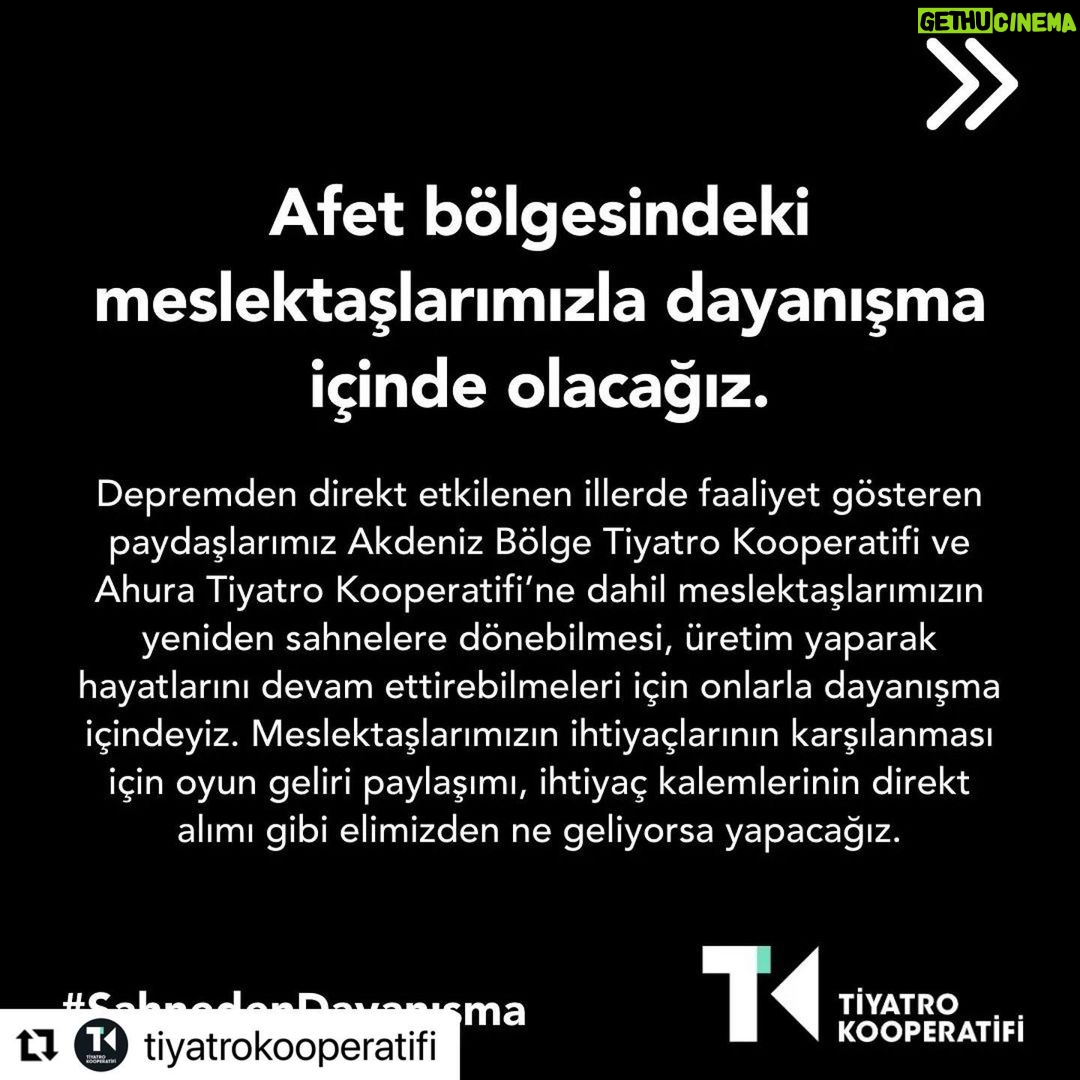 Burak Satibol Instagram - Ortağımız olan 76 özel tiyatro ve tüm bileşenlerimizle #SahnedenDayanışma’yı büyütüyoruz. 📌 Oyun Gelirlerimizi @afetplatformu ’nda yer alan Sivil Toplum Kuruluşları ile paylaşıyoruz. 📌 Barınma ihtiyacı için, paydaşımız @ihtiyacharitasiofficial 'ın #BirKiraBirYuva Projesi’ni destekliyoruz. 📌 Depremzedelere destek olan seyircilerimizi oyunlarımızda misafir edeceğiz. @afetplatformu 📌 Afet bölgesindeki meslektaşlarımız @akdenizbolgetiyatrokooperatifi ve @ahuratiyatrokooperatifi ile dayanışma içinde olacağız. 📌 Depremden etkilenen insanlarımız yeniden bir hayat kurarken, başta çocuklar ve kadınlar olmak üzere toplumsal iyi oluşu destekleyecek faaliyetler yürüteceğiz.