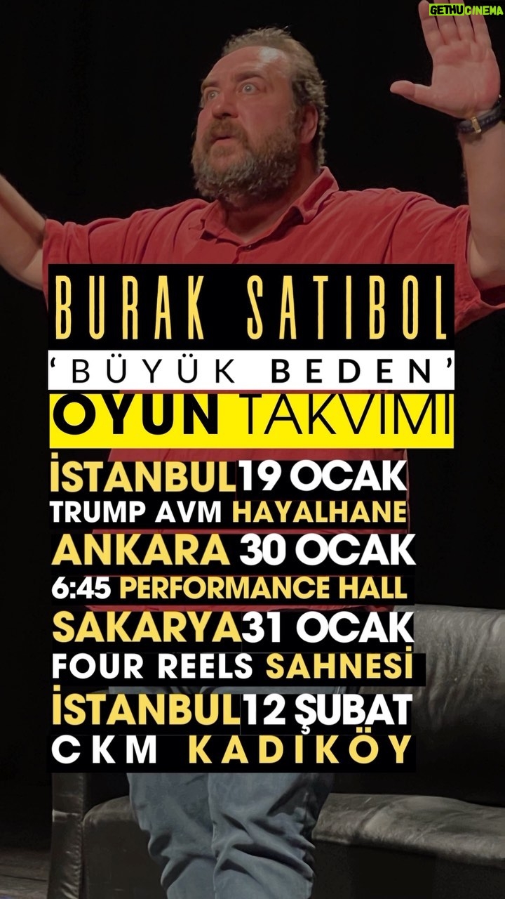 Burak Satıbol - 57 Likes - Bu akşam HAYALHANE’de!
Sonra Ankara’da, Sonra Sakarya’da, Sonra Kadıköy, sonra Trump , sonra,sonra ….
“Büyük olmayan gelmesin”
Tek kişilik-çok konulu gösteri
🗓 19 Ocak Cuma
⏰ 21:00
📍 Hayalhane Sahne ( Mecidiyeköy Trump AVM )
🗓 30 Ocak Salı
⏰ 20:30
📍6:45 Performance Hall (Ankara)
🗓 31 Ocak Çarşamba
⏰ 20:00
📍 Four Rees Sahnesi ( Sakarya )
🗓 12 Şubat Pazartesi
⏰ 20:30
📍 CKM ( Kadıköy )
☎️0 (535) 272 83 03
Geliniz, Getiriniz!