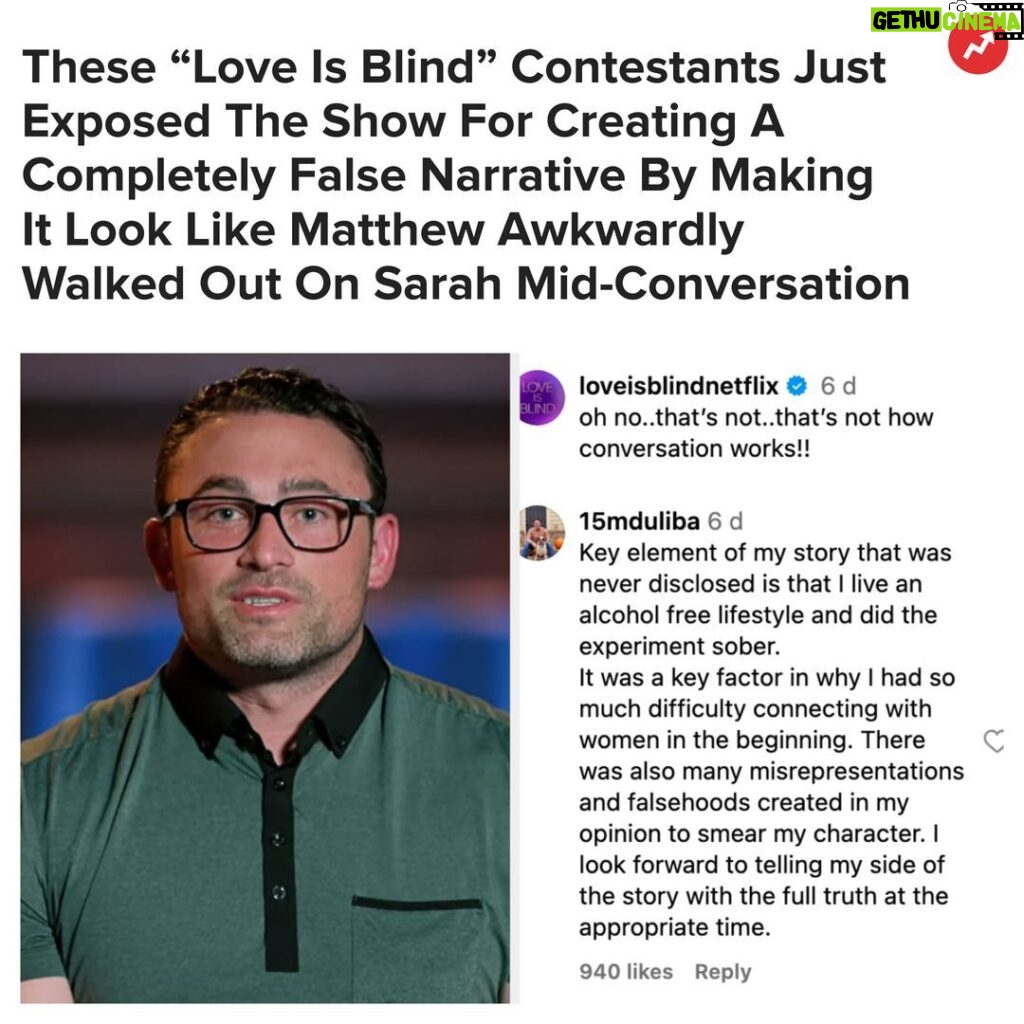 Buzzfeed Instagram - After being branded the “villain” of this Love Is Blind season by viewers and media outlets, Matthew broke his silence by accusing the Netflix show of trying to “smear” his character. Link in bio 💕