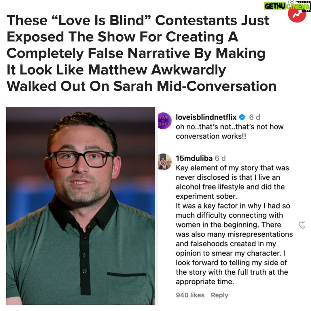Buzzfeed - 7K Likes - After being branded the “villain” of this Love Is Blind season by viewers and media outlets, Matthew broke his silence by accusing the Netflix show of trying to “smear” his character. Link in bio 💕