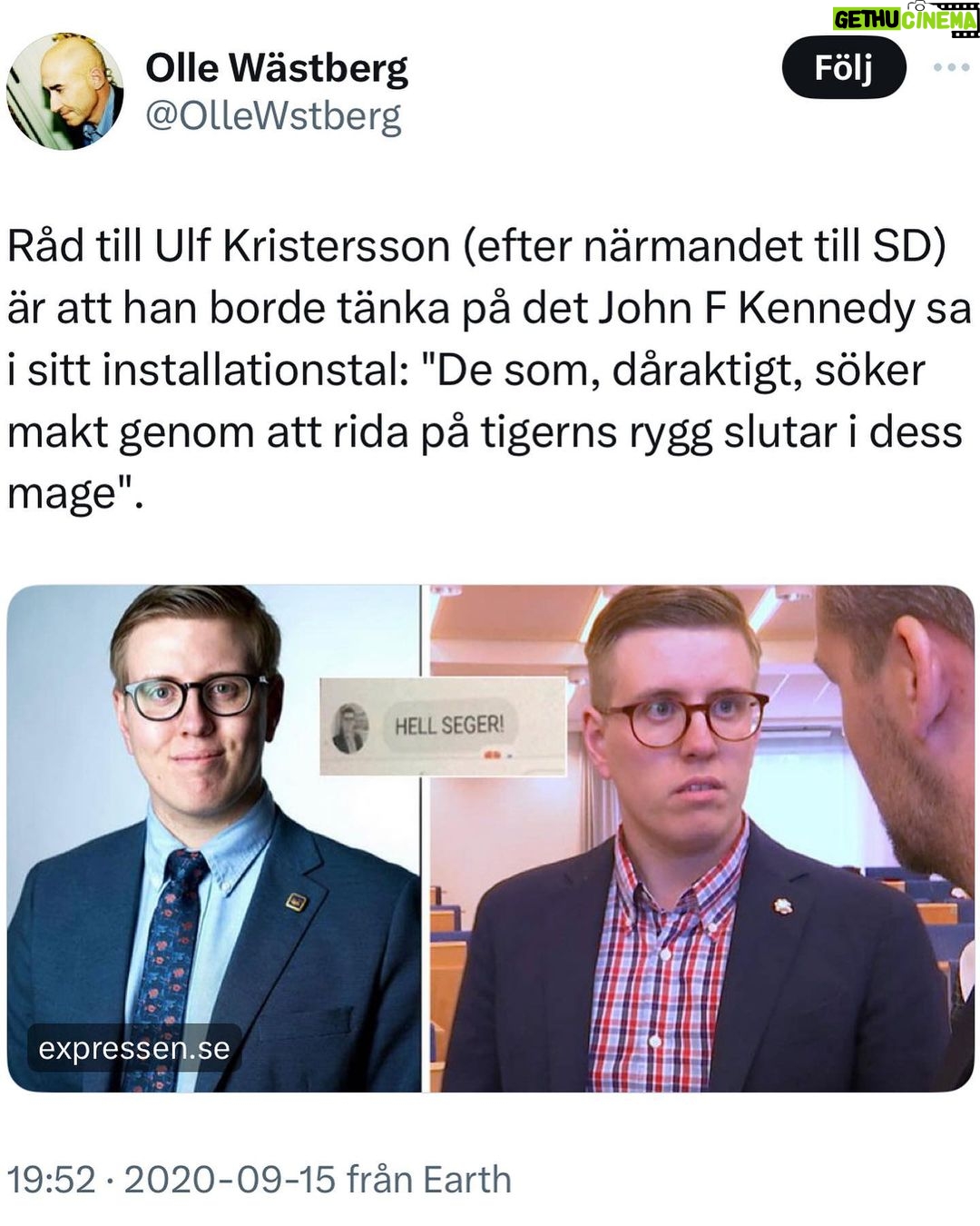 Özz Nûjen - 1.1K Likes - Vi kommer tygla dem sa de…
#SD nu 24%
#Moderaterna #KD och #Liberalerna nu 21%
Men som den gode Olle Wästberg sa till Ulf Kristersson 15 sep 2020…
- Råd till Ulf Kristersson (efter närmandet till SD) är att han borde tänka på det John F Kennedy sa i sitt installationstal: ”De som, dåraktigt, söker makt genom att rida på tigerns rygg slutar i dess mage”
#svpol #blåbrun #regering #populism #rasism