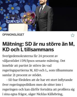 Özz Nûjen Instagram - Vi kommer tygla dem sa de… 
#SD nu 24%
#Moderaterna #KD och #Liberalerna nu 21%
Men som den gode Olle Wästberg sa till Ulf Kristersson 15 sep 2020… 
- Råd till Ulf Kristersson (efter närmandet till SD) är att han borde tänka på det John F Kennedy sa i sitt installationstal: ”De som, dåraktigt, söker makt genom att rida på tigerns rygg slutar i dess mage” 

#svpol #blåbrun #regering #populism #rasism