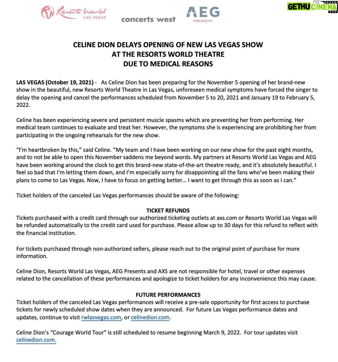 Céline Dion Instagram - I’m heartbroken by this. My team and I have been working on our new show for the past eight months, and to not be able to open this November saddens me beyond words. My partners at Resorts World Las Vegas and AEG have been working around the clock to get this brand-new state-of-the-art theatre ready, and it's absolutely beautiful. I feel so bad that I'm letting them down, and I’m especially sorry for disappointing all the fans who’ve been making their plans to come to Las Vegas. Now, I have to focus on getting better… I want to get through this as soon as I can. - Celine xx… J’ai le cœur brisé par cette situation. Mon équipe et moi travaillons sur notre nouveau spectacle depuis 8 mois et ne pas pouvoir monter sur scène en novembre m’attriste au-delà des mots. Mes partenaires du Resorts World Las Vegas et de AEG ont travaillé sans relâche afin de préparer ce tout nouveau théâtre à la fine pointe de la technologie, et il est absolument splendide. Je me sens terriblement mal de les laisser tomber, et je suis particulièrement désolée de décevoir tous les fans qui avaient prévu de venir à Las Vegas. Maintenant, je dois me concentrer sur ma santé pour vite aller mieux… Je veux m’en sortir le plus rapidement possible. - Céline xx… For more details / pour plus d’informations 👉🏼 celinedion.com
