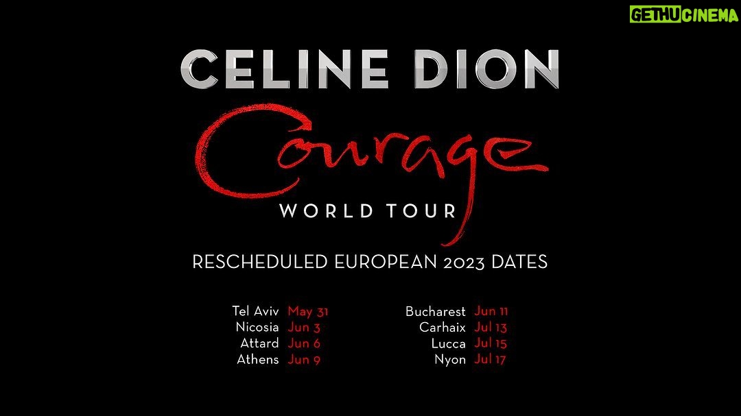 Céline Dion Instagram - This summer’s ‘COURAGE WORLD TOUR’ dates in Europe are rescheduled to 2023. Shows previously scheduled from June 19 through July 25, 2021 are rescheduled to May 31 to July 17, 2023. “I was really looking forward to seeing all of you in Europe this summer, but unfortunately because of the situation in our world things just keep getting pushed back. But please don’t despair, we feel really good about doing the shows in 2023 and I can’t wait to finally see you.” ❤️ – Celine xx… Les dates européennes de la tournée mondiale « Courage » prévues cet été sont reportées à 2023. Les spectacles qui devaient se tenir du 29 juin au 25 juillet 2021 sont reportés du 31 mai au 17 juillet 2023. « J’avais tellement hâte de vous voir tous en Europe cet été, mais malheureusement, vue la situation actuelle dans notre monde, les dates continuent d’être repoussées. Ne vous découragez pas, nous sommes confiants que nous pourrons faire les spectacles en 2023 et j’attends avec impatience de vous retrouver. » ❤️ - Céline xx… Link in bio / Lien dans la bio #courageworldtour