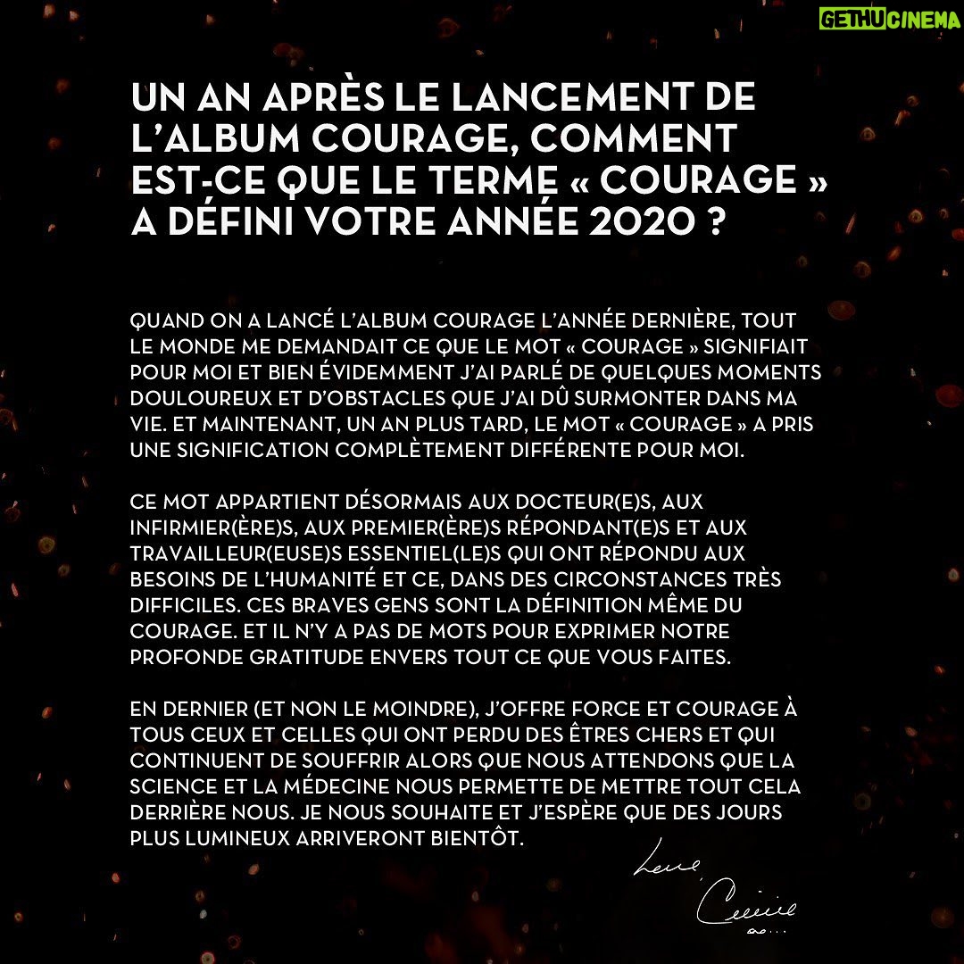 Céline Dion Instagram - Since the release of Celine’s #Courage album, our world has changed dramatically. We asked Celine how the meaning of “Courage” has changed for her this year. ❤🔥 – Team Celine Depuis le lancement de l’album #Courage de Céline, notre monde a changé drastiquement. Nous avons demandé à Céline comment la signification du mot “Courage” a évolué pour elle dans la dernière année. ❤🔥 – Team Céline