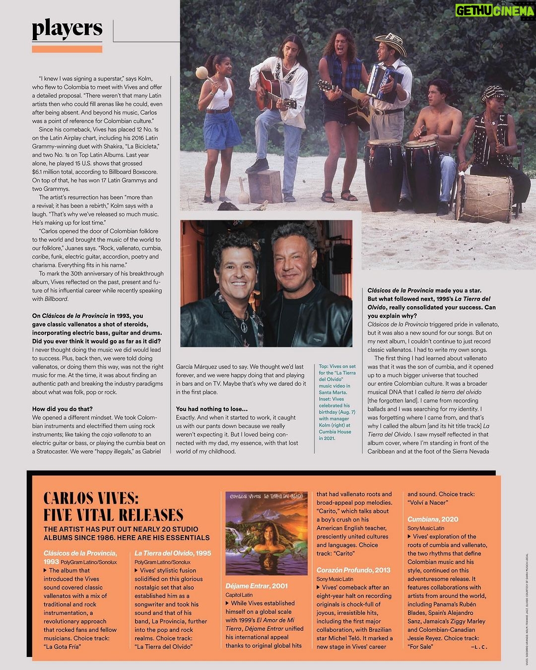 Carlos Vives Instagram - Gracias por tanto cariño Revista Billboard. Celebramos 30 años de música y de la construcción del Universo Vives. Gaira Musica Local, nuestro sello, RíoGrande la escuela, Tras La Perla, nuestra iniciativa social y El Cumbia House, la casa de la música y del entretenimiento ❤️ #UniversoVives @billboardlatin @leilacobo @wkentertainment