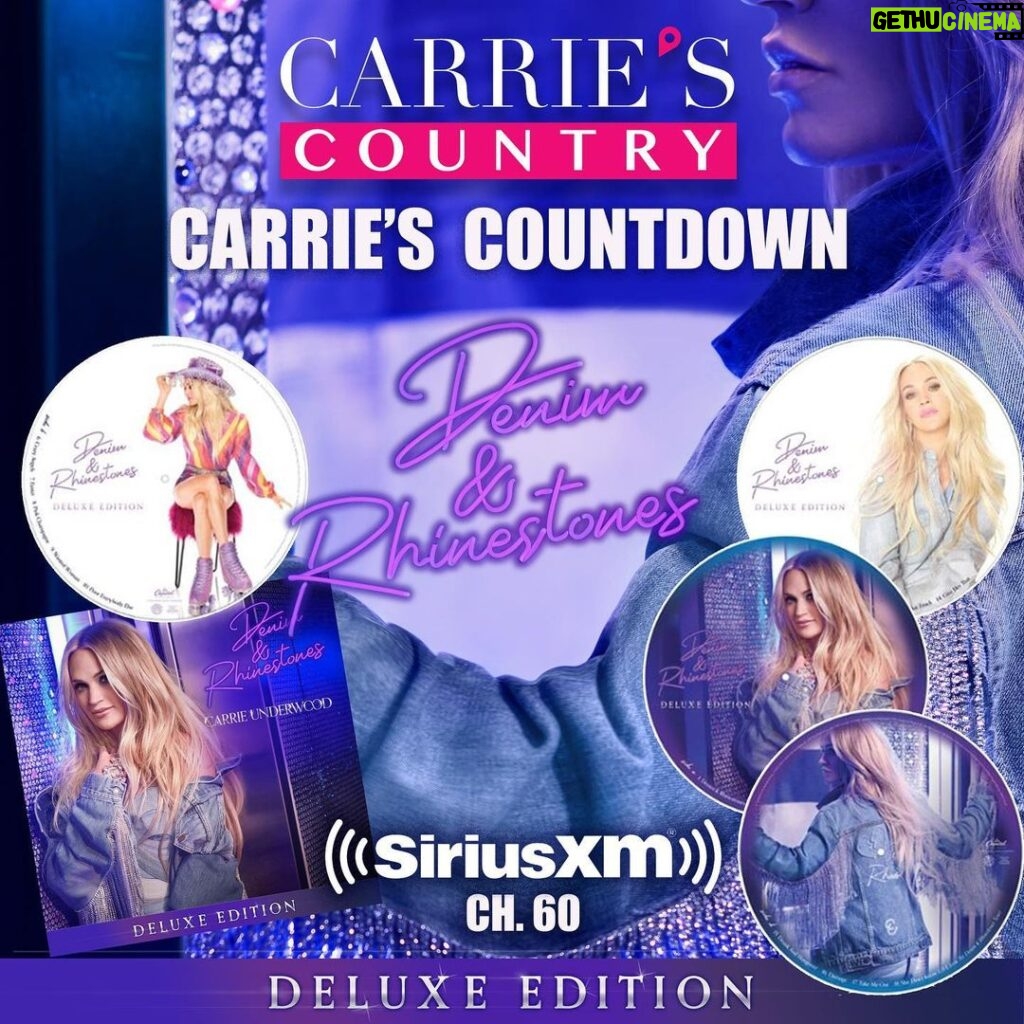 Carrie Underwood Instagram - Tune in this week as we celebrate the release of “Denim & Rhinestones Deluxe Edition” with a very special episode of Carrie’s Countdown!  Premiering today at 3PM ET. 💎siriusxm.us/CarriesCountry