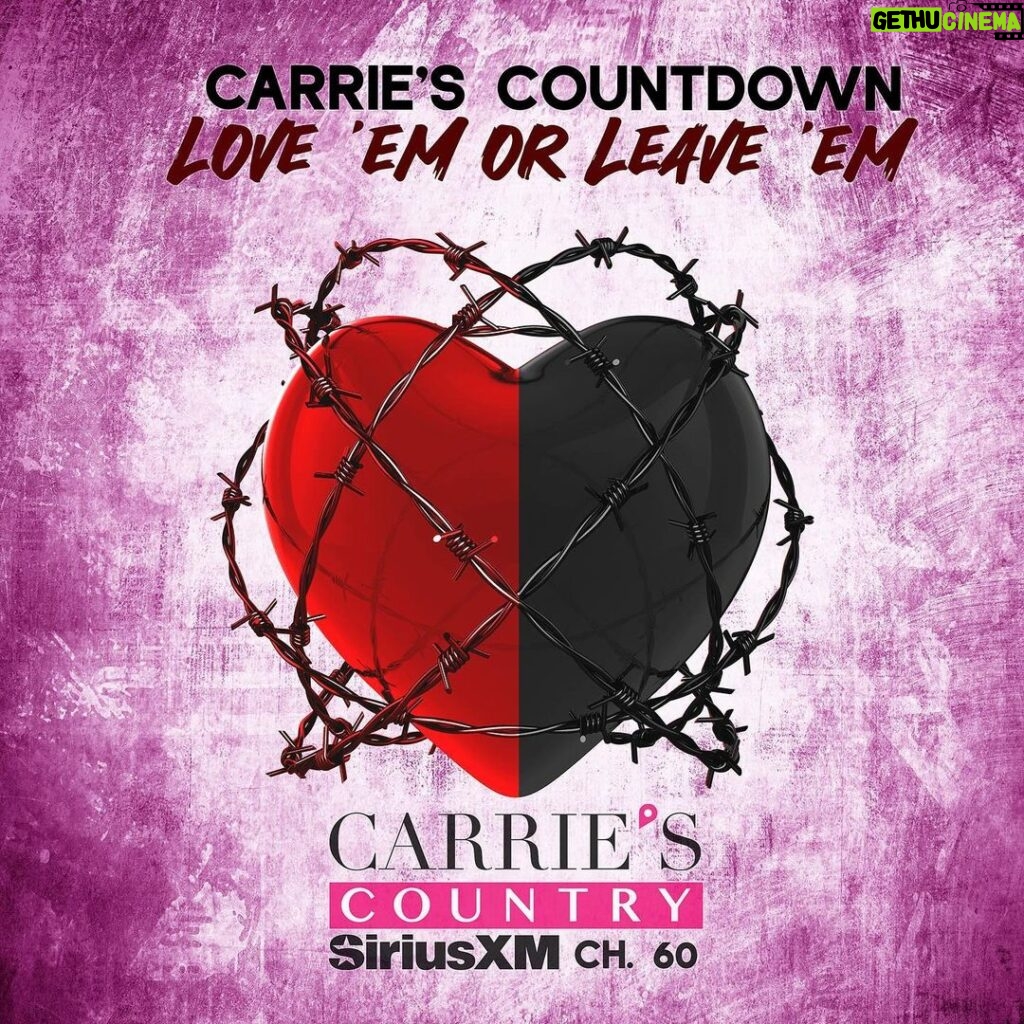 Carrie Underwood Instagram - Whether love is in the air this Valentine’s Day OR you’re feeling more like taking a Louisville Slugger to someone’s headlights…this month, @carrieunderwood shares her “Love ‘Em Or Leave ‘Em” playlist on a special edition of Carrie’s Countdown.  Premiering today on @siriusxm channel 60 or on demand in app. ❤️🖤 sxm.app.link/HearCarriesCountdown