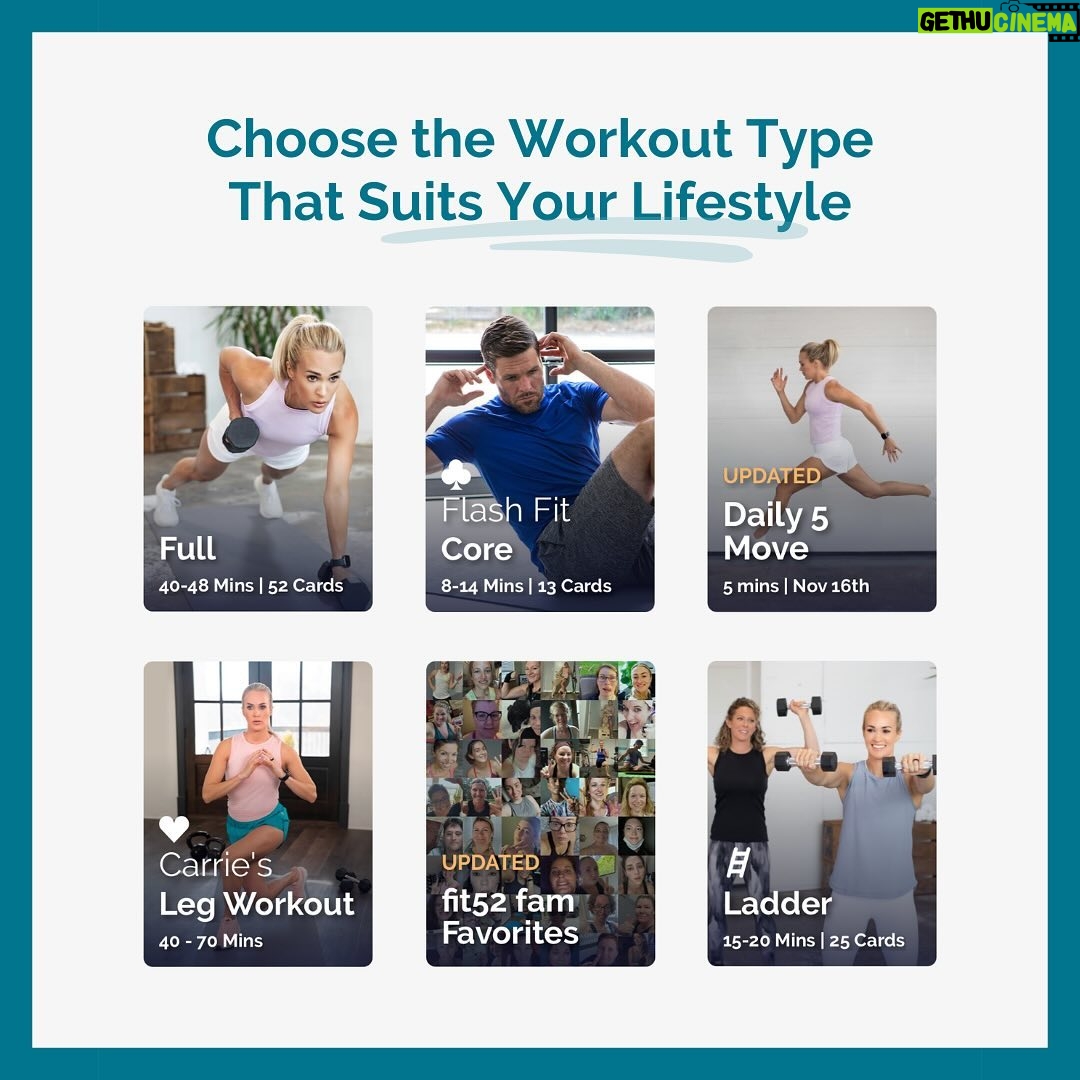 Carrie Underwood Instagram - #Repost @fit52 ・・・ Whether you’re new to fit52 or just need a refresher, consider this your go-to guide for working out with us! Here’s a crash course on how our workouts work… All workouts start with a virtual deck of playing cards, and each card reveals an exercise with a number of reps. Card suits represent different target areas: ♠️ = Cardio ♣️ = Core ❤️ = Lower Body ♦️ = Upper Body Choose the area you want to focus on and the duration that works for your schedule (our workouts range from 5-60 minutes). Then, get ready to sweat! 💪💦 #fit52 #FitnessApp #FitnessGoals #FitnessMotivation #WorkoutFromHome #WorkoutFromAnywhere