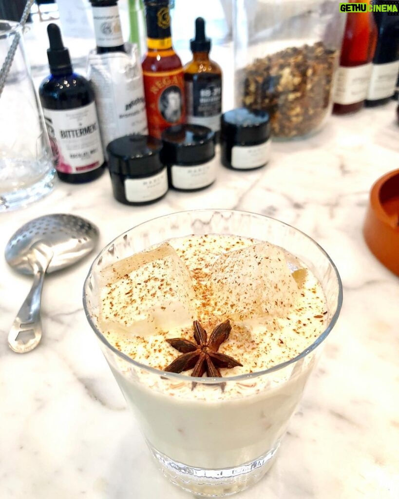 Casey Patterson Instagram - Egg Nog for the Gods 🌲 3oz Ronnyfarm Organic Egg Nog ~ 2.5 oz Diplomatico Reserva Rum ~ 3 Dashes Angosura Bitters ~ Shake w ice ~ serve in a highball on the rocks ~ Finish with fresh grated smoked Nutmeg and Cinnamon ~ Garnish with star anise ❄️ Soho