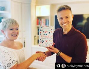 Cecelia Ahern Instagram - Repost from @nickybyrneinsta
•
So a few moons ago I happen to tell my sister in law @official_ceceliaahern this …
“That you are the average of the five people you spend most time with - so choose carefully” 
Her crazy creative mind went into overdrive and she went off and wrote her new book from this random conversation!
What a story - genius!
Here she is presenting me with my copy! 
It’s called FRECKLES 
Get it, read it because I feel like a really interesting intelligent author helper now and if this becomes a movie I may challenge Spielberg to the best ever at the oscars! 
Ps - if anyone is struggling for any other ideas just hit me up I’ve got loadsa stuff unused in my brain! 😄😳😉