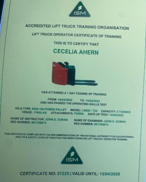 Cecelia Ahern Instagram - I am now a CERTIFIED Forklift driver!!!

I told you I’d do it and I did it. After training with the Irish School of Motoring I’m very proud to announce that I can now drive a ROPPT (Ride on Power Pallet Truck).

So now I will ask the lovely people at the warehouses the question again…. @eason_ireland @argosybooks @bookstationireland CAN I PLEASE DRIVE YOUR FORKLIFT?? 

Huge thanks to the wonderful instructors in Irish School of Motoring. John Doran Sr and John Doran Jr trained me and put me through my paces and I had a brilliant day out. If you need a forklift driver to do a perfect figure of 8 forwards, backwards, with or without a pallet, I’m your woman. Now I can drive my own pallet of books, sign them, sit on them, stand on them, dance around them before sending them out to all of you lovely readers. 

You’ve got to turn that NO into a YES!!! 👊👷‍♀️