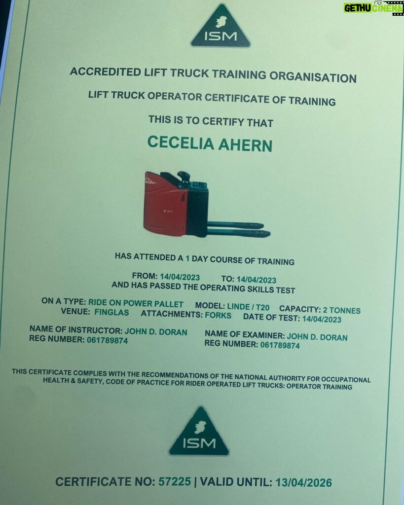 Cecelia Ahern Instagram - I am now a CERTIFIED Forklift driver!!! I told you I’d do it and I did it. After training with the Irish School of Motoring I’m very proud to announce that I can now drive a ROPPT (Ride on Power Pallet Truck). So now I will ask the lovely people at the warehouses the question again…. @eason_ireland @argosybooks @bookstationireland CAN I PLEASE DRIVE YOUR FORKLIFT?? Huge thanks to the wonderful instructors in Irish School of Motoring. John Doran Sr and John Doran Jr trained me and put me through my paces and I had a brilliant day out. If you need a forklift driver to do a perfect figure of 8 forwards, backwards, with or without a pallet, I’m your woman. Now I can drive my own pallet of books, sign them, sit on them, stand on them, dance around them before sending them out to all of you lovely readers. You’ve got to turn that NO into a YES!!! 👊👷‍♀