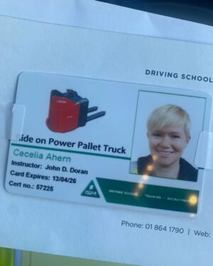 Cecelia Ahern Instagram - I am now a CERTIFIED Forklift driver!!!

I told you I’d do it and I did it. After training with the Irish School of Motoring I’m very proud to announce that I can now drive a ROPPT (Ride on Power Pallet Truck).

So now I will ask the lovely people at the warehouses the question again…. @eason_ireland @argosybooks @bookstationireland CAN I PLEASE DRIVE YOUR FORKLIFT?? 

Huge thanks to the wonderful instructors in Irish School of Motoring. John Doran Sr and John Doran Jr trained me and put me through my paces and I had a brilliant day out. If you need a forklift driver to do a perfect figure of 8 forwards, backwards, with or without a pallet, I’m your woman. Now I can drive my own pallet of books, sign them, sit on them, stand on them, dance around them before sending them out to all of you lovely readers. 

You’ve got to turn that NO into a YES!!! 👊👷‍♀️
