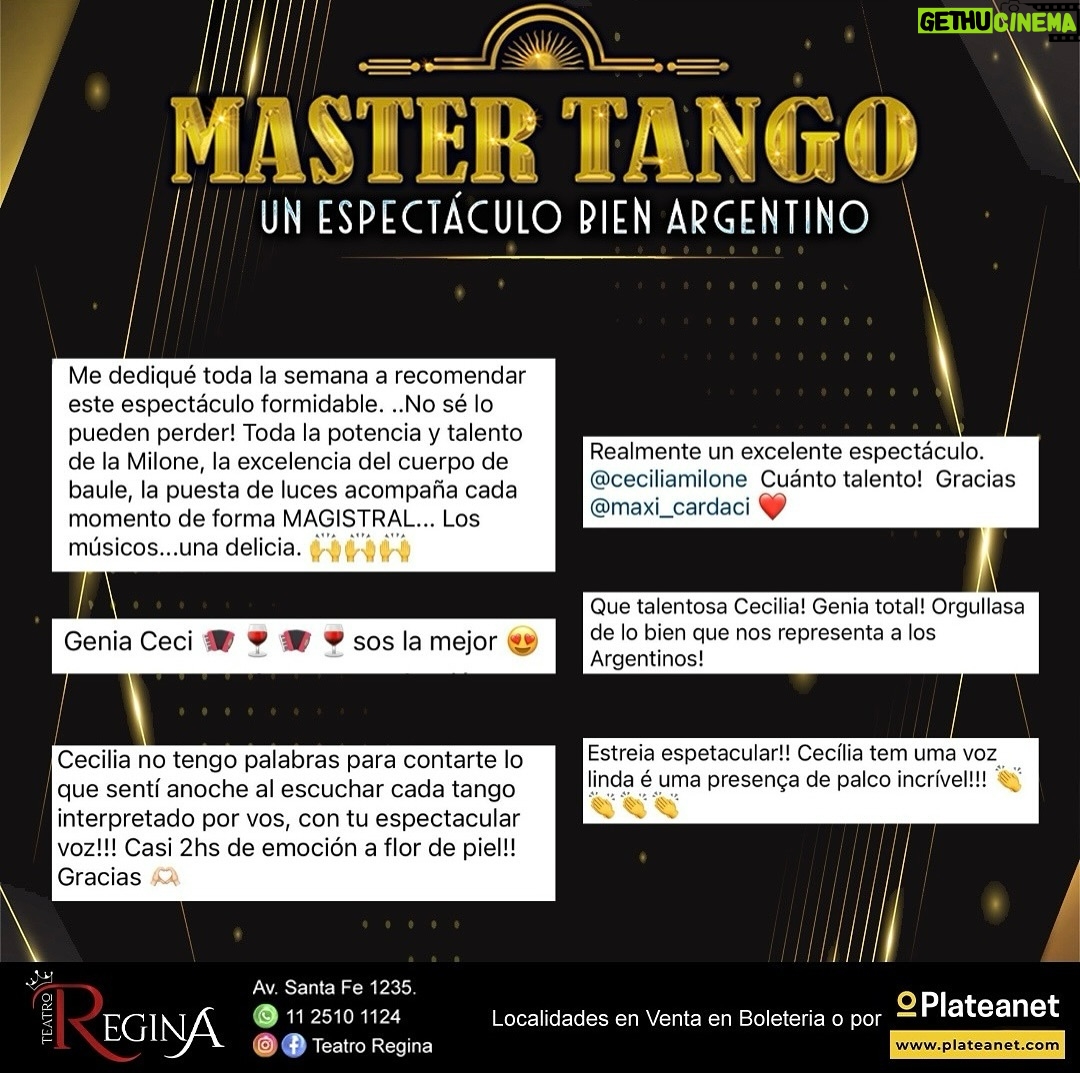 Cecilia Milone Instagram - Más comentarios del público ✨ gracias por tanto amor. ¿Vos ya viniste a ver Master Tango? Queremos saber qué te pareció 🤩 📍 @teatroregina (Santa Fe 1235) 📅 MIÉRCOLES 20:30 HS 🎟️ @plateanet Junto a @pastocchiariel @ricardodanielatango @rubencalegari @pablo.gimenez.musica @pianotangosecrets @juanalbertopugliano @perrottiproducciones