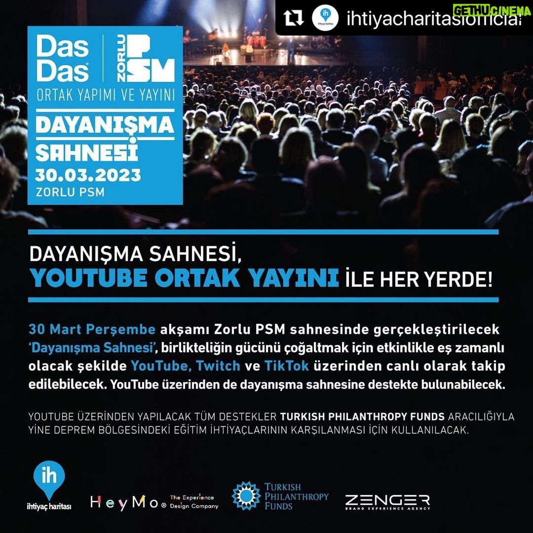 Cem Yılmaz Instagram - Sanatçılar, 2200 Öğrenciye Eğitim Desteği için ‘Dayanışma Sahnesi’nde Buluşuyor! Zorlu PSM, DasDas ve İhtiyaç Haritası, ülkemizde yaşanan deprem felaketinin ardından dayanışma ve birliktelik duygusunu ‘Dayanışma Sahnesi’ne taşıyor. 30 Mart akşamı alanında başarılı birçok sanatçının sahnede olacağı ‘Dayanışma Sahnesi’ YouTube ve diğer online platformlardan canlı olarak izlenebilecek. Her koltuğun bir öğrencinin eğitim desteğine dönüşeceği etkinlikte, alınan destek biletleri ve online yayınlar üzerinden yapılacak katkılarla da depremden etkilenen binlerce öğrenci için kaynak oluşturulacak. Ayrıca, Robotel Derneği iş birliğiyle depremden bedensel olarak zarar gören en az yüz çocuğa da destek olunacak. @ihtiyacharitasiofficial @istanbuldasdas @zorlu_psm @hey__mo @zengeragency @turkishphilanthropyfunds