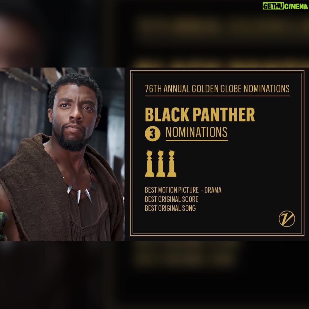 Chadwick Boseman Instagram - #BlackPanther + #GoldenGlobes 🙌🏾 Thank you to the HFPA for the Best Motion Picture, Score, and Original Song nominations! #WakandaForever
