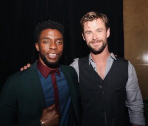 Chadwick Boseman Instagram - Shoulda gone for his head, bro.  It was literally right there. Just sayin. Happy belated Born Day, @chrishemsworth! #InfinityWar