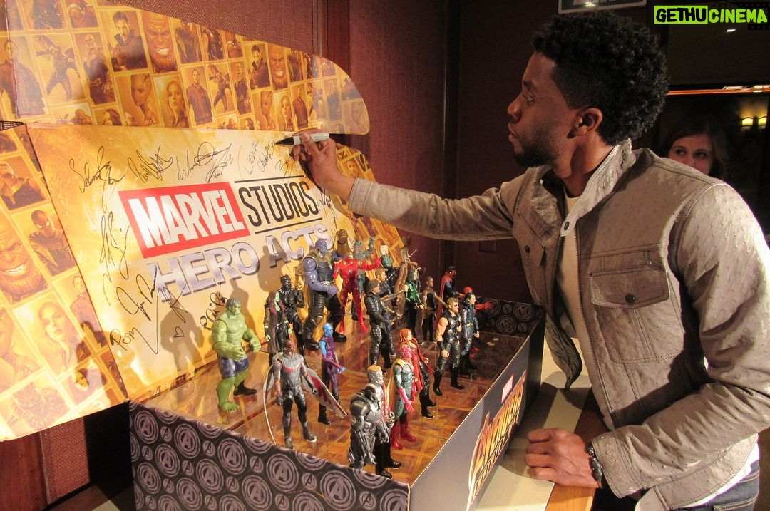 Chadwick Boseman Instagram - Excited to see you guys at tonight’s #InfinityWar premiere. Until then, here’s a look behind the scenes of our junket. Bonus: I’ve got a poster signed by the gang. Stay tuned for a chance to win!