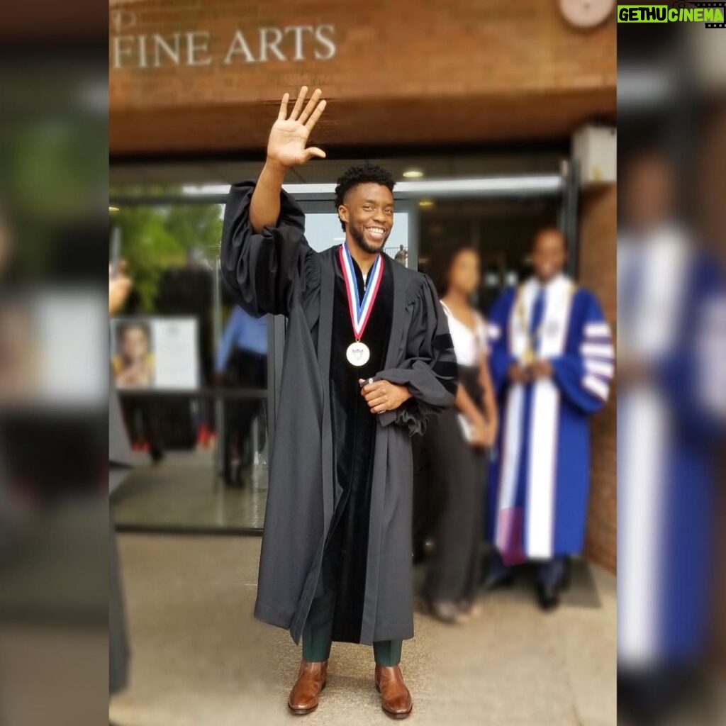 Chadwick Boseman Instagram - 𝗛𝗼𝘄𝗮𝗿𝗱 𝗨𝗻𝗶𝘃𝗲𝗿𝘀𝗶𝘁𝘆, 𝟭𝟵𝟵𝟳- University students, led by a young Chad Boseman, protest the collapse of the College of Fine Arts during a multi-day demonstration in the administration building. Years later, Chadwick and other alumni would continue to advocate for reinstatement of the College of Fine Arts. 𝟮𝟬𝟭𝟴- Chadwick Boseman returns to Howard as Commencement Speaker, and President Wayne A.I. Frederick announces plans to re-establish the College of Fine Arts as and independent college. Just two weeks ago it was announced that the inimitable @phyliciarashad will serve as Dean of the new College of Fine Arts, and today we are pleased to announce that the re-established college will be named in honor of our king. Chad, you exemplify Howard’s core values of excellence, leadership, service, and truth. There is no one more deserving of such an honor. We are so proud of you, we love you, and we miss you every day. Congratulations to all the future students of the Chadwick A. Boseman College of Fine Arts! Special thanks to @howard1867 @huprez17 @phyliciarashad and to #BobIger @disney for leading fundraising efforts. Howard University