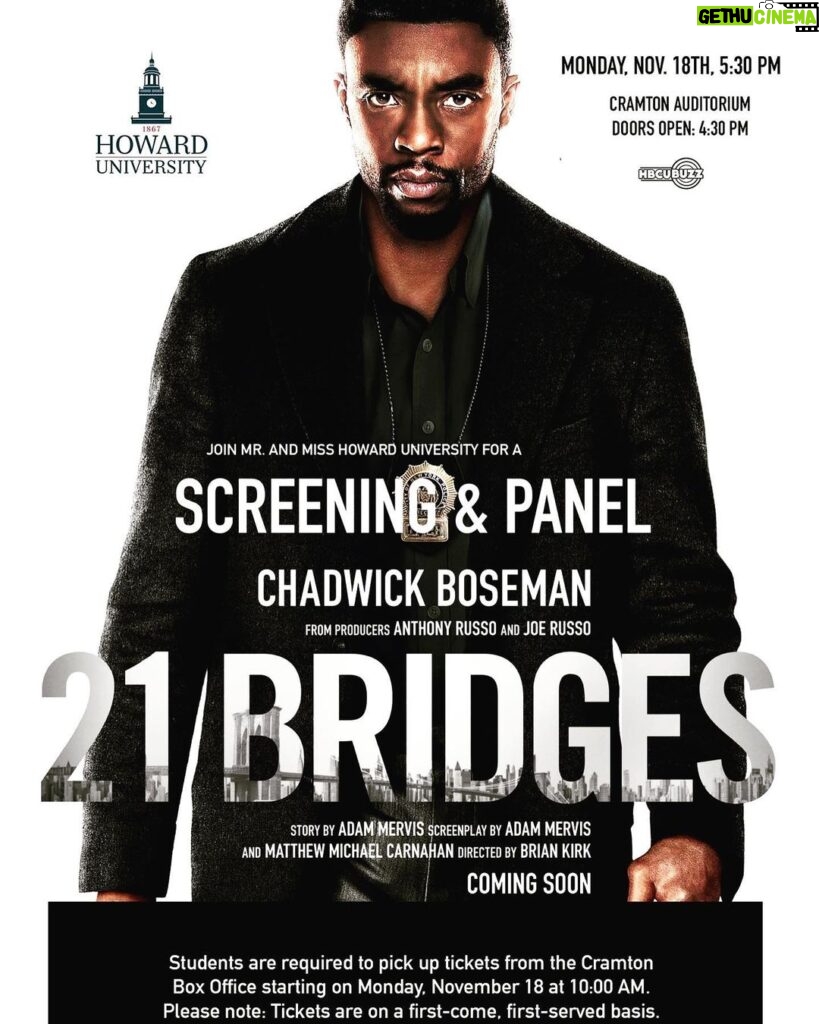 Chadwick Boseman Instagram - We’re coming home to @Howard1867 tomorrow and bringing #21Bridges with us! Beverly Hills, California