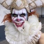 Charity Kase Instagram – You’ll float too 🤡 

Hat, ruffles and corset from @prangstacostumiers 
#it #pennywise #dragcon