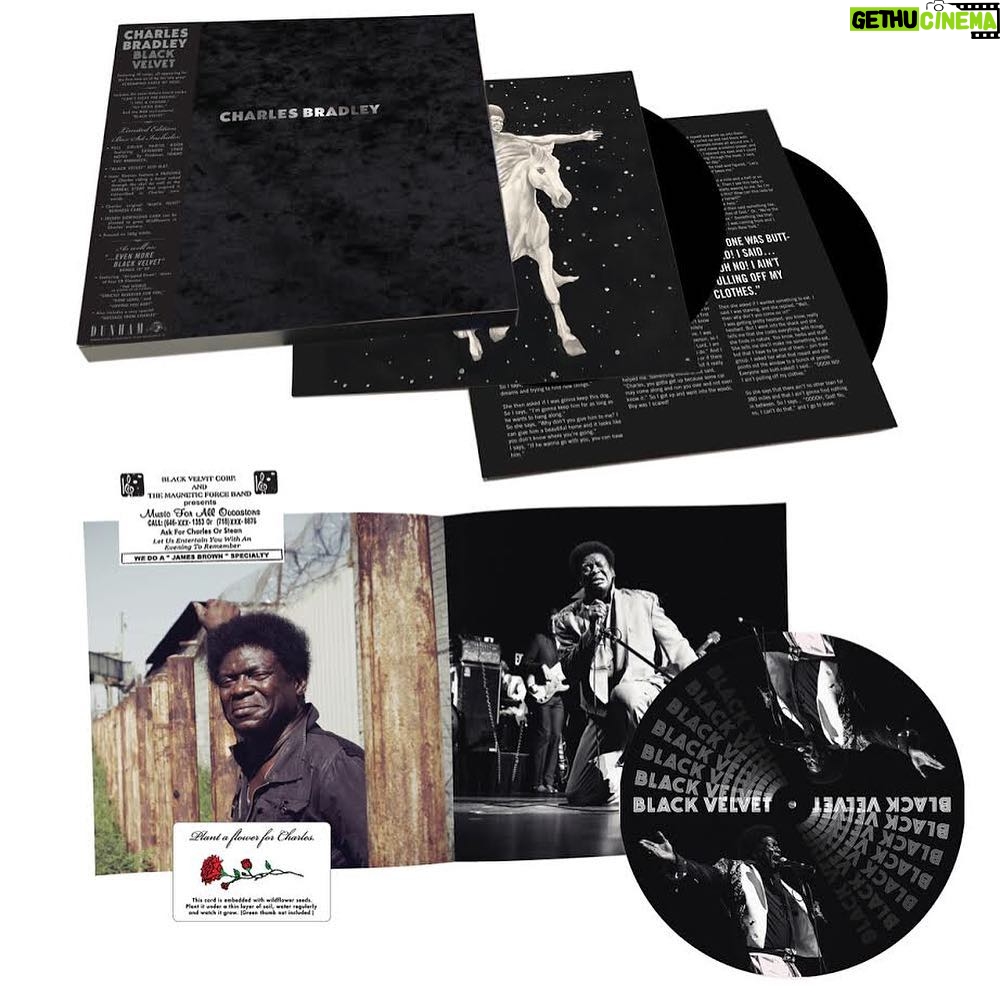 Charles Bradley Instagram - You can now pre-order Black Velvet in the @daptonerecords shop (link in bio). Deluxe box set includes: -Bonus 12" EP of 4 stripped-down mixes & a message from Charles. -Full color photo book, featuring extended liner notes by producer Tommy “TNT” Brenneck. -“Black Velvet” Slipmat. -Custom inner sleeves featuring a painting of Charles riding a horse through the sky! As well as the surreal story that inspired it, transcribed in Charles’ own words. -Charles’ original “Black Velvit” business card. -Seeded MP3 download card that can be planted to grow Wildflowers in Charles’ memory. Daptone Records