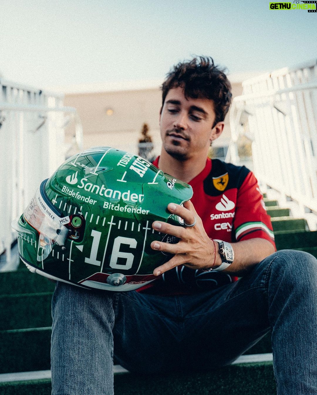Charles Leclerc Instagram - I forgot this was my 100th GP with @scuderiaferrari, so this special helmet design doesn’t make sense but it’s beautiful 🥰 Look at that greeeeeeen Austin, Texas