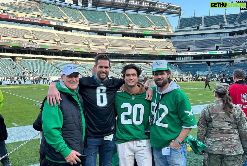 Charles Melton Instagram - I had the best weekend with family and friends watching the eagles get another W!!! Thank you Brian, Jess and @philadelphiaeagles FOR THIS AMAZING EXPERIENCE & for letting me lead the fight song! FLY EAGLES FLY 🦅