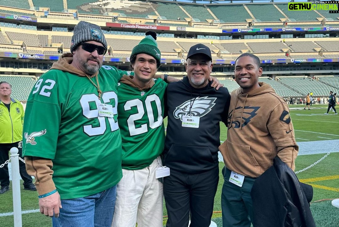 Charles Melton Instagram - I had the best weekend with family and friends watching the eagles get another W!!! Thank you Brian, Jess and @philadelphiaeagles FOR THIS AMAZING EXPERIENCE & for letting me lead the fight song! FLY EAGLES FLY 🦅