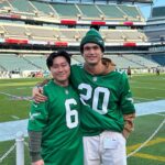 Charles Melton Instagram - I had the best weekend with family and friends watching the eagles get another W!!! Thank you Brian, Jess and @philadelphiaeagles FOR THIS AMAZING EXPERIENCE & for letting me lead the fight song! FLY EAGLES FLY 🦅
