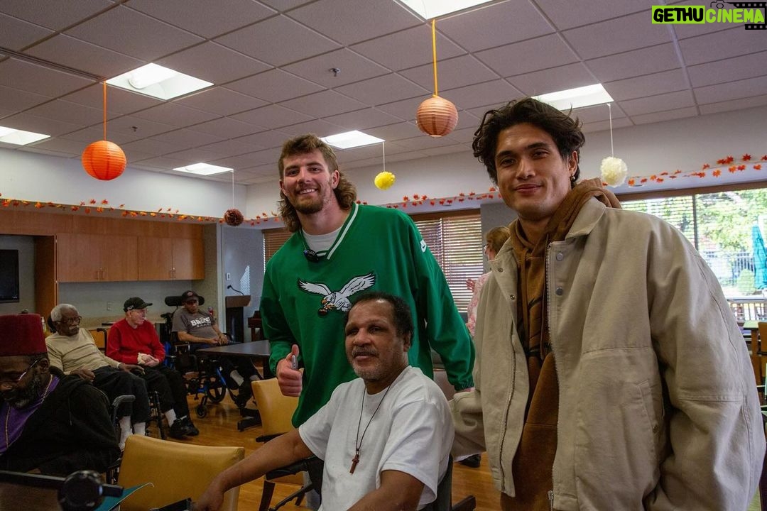 Charles Melton Instagram - It was a privilege to visit the Veterans Hospital with @philadelphiaeagles & @stoll_jack. Thank you for your service 🙏 🦅 💚
