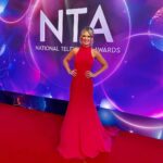 Charlotte Hawkins Instagram - At the @officialntas! 🙌 Always a special night getting to celebrate the very best on TV. Thanks to @benshephardofficial for escorting me down the red carpet (& not treading on my dress too many times.. 🤣). Special mention to @carolinecastigliano for the dress, @latelitajewellery for the jewellery, @kkelsing1 for the hair & make-up, & styling @debbiedresses @hollyslater. Trying to be good & not have a late one as I’ll be up at 2.45am for @gmb… see you tomorrow! ⏰😁 #ntas #nationaltelevsionawards #gmb #goodmorningbritain