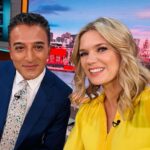 Charlotte Hawkins Instagram - Friday on @gmb! Wearing a dress to channel some Bank Holiday sunshine! 😎🤞🤞 Great to be back in the hot seat with @adilray & lots of hot topics discussed including.. is the obsession with getting the perfect photo ruining holiday snaps?? @atehjewel & Quentin Willson happy to pose for a selfie after debating the issue! 📸 #gmb #goodmorningbritain