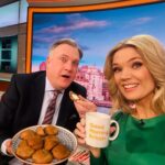 Charlotte Hawkins Instagram - Tuesday on @gmb… going green! 💚 @edballs & I discuss the warnings over a possible tea shortage ☕️😱 plus we try the new Dominos Creme Egg cookie.. quite the breakfast! 😂 #gmb #goodmorningbritain