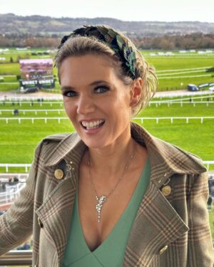Charlotte Hawkins Instagram - Back at Cheltenham! Great to be there for Festival Trials Day, brilliant racing & nothing like being able to celebrate a win - well done Michael Wainwright with Ga Law! 🏇🥂👏👏👏 
Dress @beulahlondon 
Jewellery @boodles 
Headband @lisa_von_hallwyl 
Coat & Boots @hollandcooperclothing @cheltenhamraces 
#cheltenham #racing #horseracing #racingstyle #racingfashion #boodles #festivaltrialsday