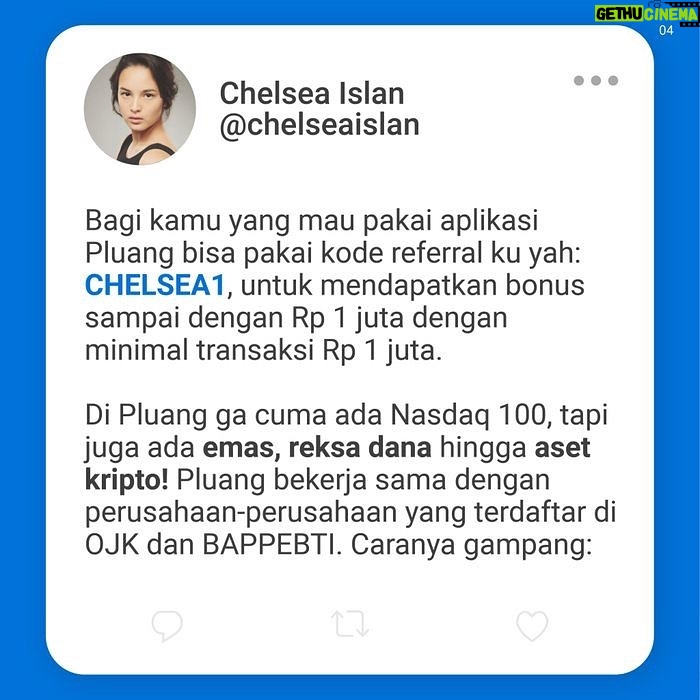 Chelsea Islan Instagram - Sudah saatnya Anak Muda mulai membangun mimpi, namun mimpi saja tidak cukup jika tidak di dorong dengan tindakan. Bermimpi untuk Financial Freedom sedini mungkin boleh, asalkan juga dengan usaha, misalnya usaha untuk bekerja mendapatkan penghasilan, lalu penghasilannya bisa kita tabung. Supaya lebih efektif, tabungannya bisa kita alokasikan ke beberapa instrumen investasi contohnya di Aplikasi Pluang. Di Pluang sudah ada produk terbarunya yaitu Micro E-Mini Nasdaq 100! Wah semakin lengkap yah! Bukan hanya itu, kabar gembiranya, Pluang juga baru mendapatkan pendanaan investasi. Pada tahun ini, Pluang telah mendapatkan 55 juta Dollar AS! Congrats Pluang! Aku pribadi sebagai Brand Ambassador Pluang turut bangga atas pencapaiannya. Semoga Pluang bisa semakin berinovasi dalam mengembangkan aplikasinya sehingga membuat para usernya merasa nyaman saat menggunakannya. Bagi kamu yang mau pakai aplikasi Pluang, boleh pakai kode referral aku di: CHELSEA1 untuk dapetin bonus 15rb/100rb/1 juta dengan minimal transaksi Rp 1 juta. #PluangmuSekarang #PluangChelsea #GaPakePusing π