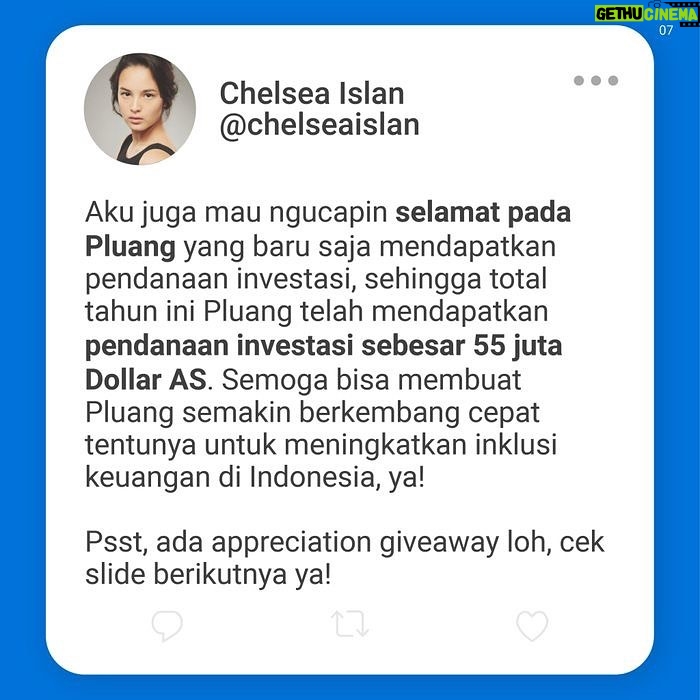 Chelsea Islan Instagram - Sudah saatnya Anak Muda mulai membangun mimpi, namun mimpi saja tidak cukup jika tidak di dorong dengan tindakan. Bermimpi untuk Financial Freedom sedini mungkin boleh, asalkan juga dengan usaha, misalnya usaha untuk bekerja mendapatkan penghasilan, lalu penghasilannya bisa kita tabung. Supaya lebih efektif, tabungannya bisa kita alokasikan ke beberapa instrumen investasi contohnya di Aplikasi Pluang. Di Pluang sudah ada produk terbarunya yaitu Micro E-Mini Nasdaq 100! Wah semakin lengkap yah! Bukan hanya itu, kabar gembiranya, Pluang juga baru mendapatkan pendanaan investasi. Pada tahun ini, Pluang telah mendapatkan 55 juta Dollar AS! Congrats Pluang! Aku pribadi sebagai Brand Ambassador Pluang turut bangga atas pencapaiannya. Semoga Pluang bisa semakin berinovasi dalam mengembangkan aplikasinya sehingga membuat para usernya merasa nyaman saat menggunakannya. Bagi kamu yang mau pakai aplikasi Pluang, boleh pakai kode referral aku di: CHELSEA1 untuk dapetin bonus 15rb/100rb/1 juta dengan minimal transaksi Rp 1 juta. #PluangmuSekarang #PluangChelsea #GaPakePusing π