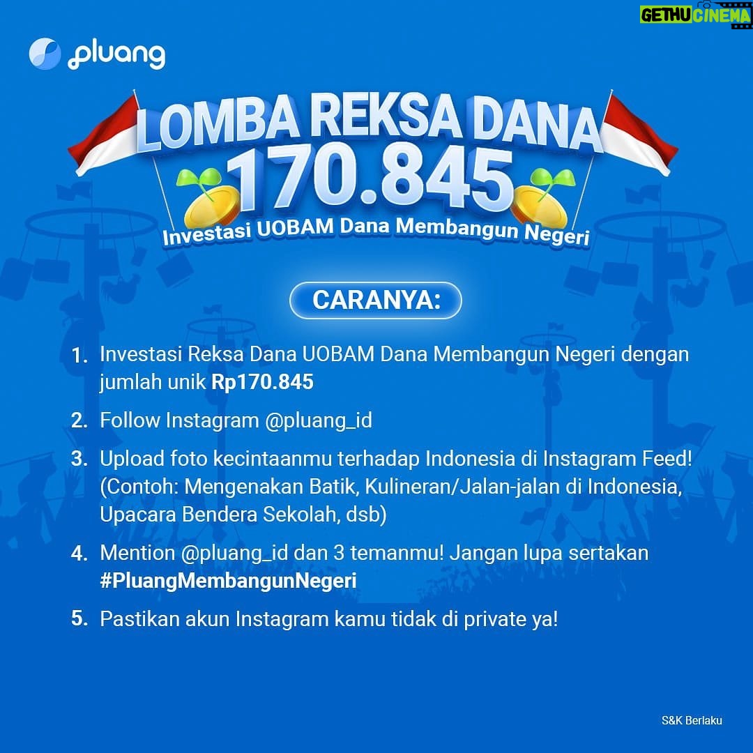 Chelsea Islan - 81.2K Likes - Selamat Hari Kemerdekaan Republik Indonesia ke-76! Dirgahayu Indonesiaku! 🇮🇩
Di 76 Tahun kita Merdeka ini, yuk kita saling tingkatkan aksi gotong royong kita untuk membangun Indonesia menjadi lebih baik lagi! Tidak hanya pemerintah, tapi kita juga bisa jadi bagian dari pembangunan Negeri Indonesia kita ini lho!
Salah satunya dengan berinvestasi di reksa dana UOBAM Dana Membangun Negeri, yang pengalokasian asetnya ditujukan sebagian besar ke instrumen pendapatan tetap seperti obligasi pemerintah maupun obligasi korporasi dari emiten yang ikut serta dalam pembangunan Nasional seperti BUMN.
Yuk ikutan aku bersama Pluang membangun Negeri kita tercinta ini dengan berinvestasi reksa dana UOBAM Membangun Negeri yang hanya ada di Pluang. Kamu juga bisa sambil bangun masa depan kamu lho!
Jangan lupa tunjukin juga kecintaanmu terhadap Indonesia melalui post photo kecintaan kamu dengan Indonesia di Instagram Feed dan berinvestasi di UOBAM Dana Membangun Negeri dengan jumlah unik yaitu Rp170,845 di @pluang_id. Dapatkan kesempatan memenangkan hadiahnya! Jangan lupa follow & mention @pluang_id, serta menggunakan #PluangMembangunNegeri
Bagi kamu yang baru pakai Aplikasi Pluang, jangan lupa daftar pakai kode referralku : CHELSEA1 🤍