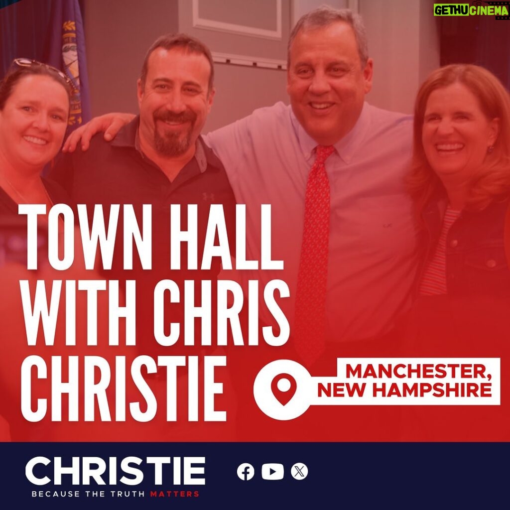 Chris Christie Instagram - I’m back in New Hampshire tonight for a town hall. No question is off-limits. Neither are my answers though. Unlike other candidates, my team doesn’t vet questions beforehand. Join us here: https://bit.ly/3SufTAT Tune in at 6:30 PM ET.