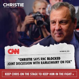 Chris Christie Instagram - Voters need more information, not less. That’s why I agreed to go one-on-one with Vivek Ramaswamy on Fox News. 

But Trump allies in the RNC put an end to it. They’re silencing real conversation, and now Trump is even calling on the RNC to cancel debates. 

Nothing new… Party bosses doing everything possible to keep Trump in power. 

We can stop them. Be a part of the team that puts an end to Trump TODAY. Chip in $1: https://secure.winred.com/chris-christie-for-president/donate-debate-70k-1004-2