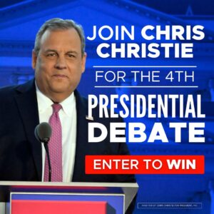 Chris Christie Instagram - Want to see the only person taking on Donald Trump at the debate next week?

Enter the RNC contest today for a chance to win, and join me at the debate next week. 

-Two tickets for the winner and a guest to the 4th GOP Presidential Primary Debate in Alabama
-Airfare for two
-Hotel accommodations

Chip in just $1 today and enter the contest: https://secure.winred.com/chris-christie-for-president/chric-112923-rnccontest-email-f-h