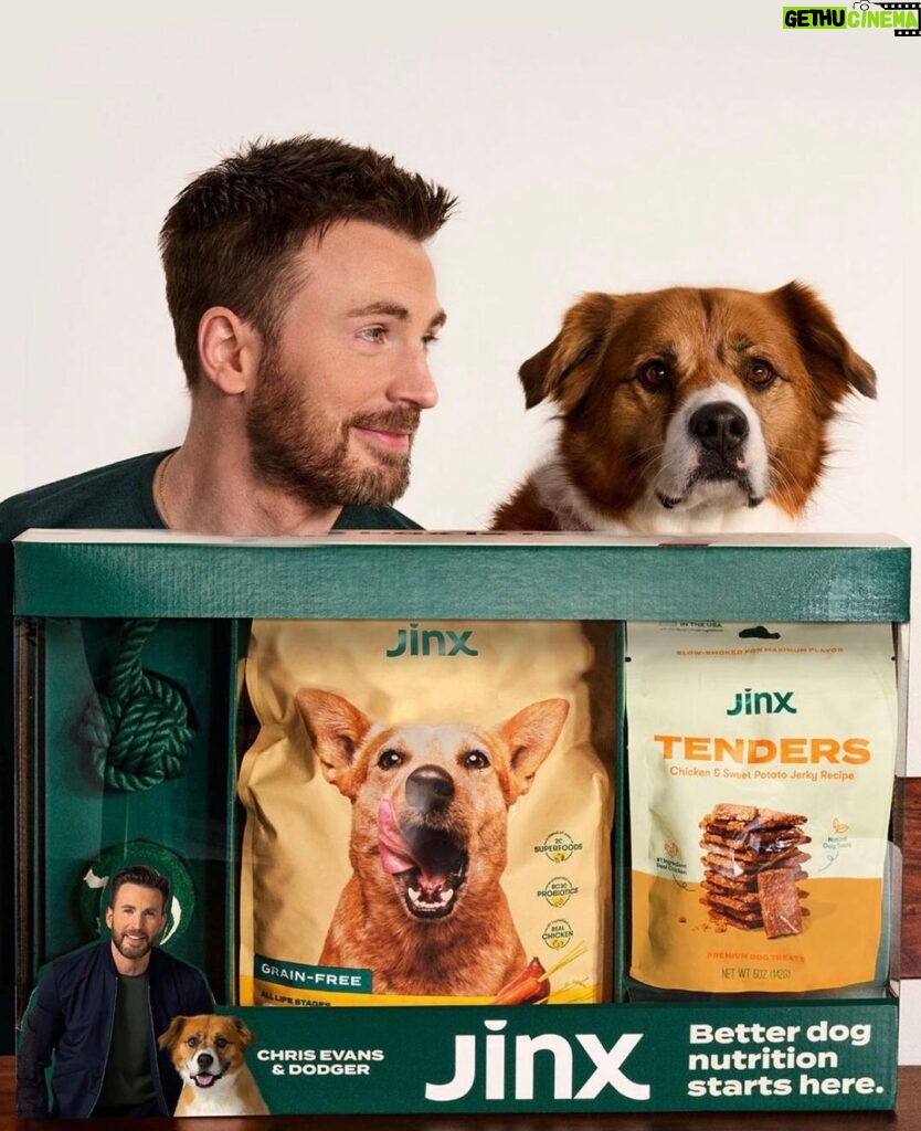 Chris Evans Instagram - The limited-edition Jinx Dream Box(starring Dodger!) is available in @walmart stores across the nation today!  Post a pic of your box with your dog! #jinxpartner
