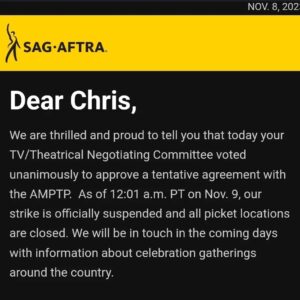 Chris Lamica Instagram - I am honored to have spent so many days walking the line and standing arm by arm with my brethren... fighting not only for the future of our profession, but of the industry as a whole. 

It's amazing what can be accomplished when workers and people from all walks of life come together, in unity, and with a vision for a better, and more just, future. And DON'T BACK DOWN.

We are at a pivotal time in history, with the greed of industries across the country are decimating the working class. Often seeming like a David vs Goliath battle that never can be won by David. But remember... you are worthy of getting what you rightfully deserve. And in this time of unprecedented corporate greed, we met it, head on, with an unprecedented show of worker response and force.

Together, people and unions across the country, from all professions and backgrounds, can help fight for a change that can create a fairer and more democratic world. One based on the principles of love, solidarity, empathy, respect, equality, and compassion. 

I am grateful of my union, @sagaftra -- and with immense amount of pride, and humility, I say.... I am an actor!

---------------

In slide two -  one of the most memorable experiences... I met the Screen Actor Guild's FIRST female President, Kathleen Nolan, and got to talk at length to her and her son @spencergarrett1 - she was and is such an inspiring human, whose lifelong commitment to the profession and Union cannot be overstated. Oh, and she gives the sweetest hugs!

---------------

And the most meaningful experience.... my mom and dad, who are not attached to the union or profession in any way, drove across many state lines to be protest with me, and for me. It brings tears to my eyes writing this, as it is a moment of love and support that goes beyond words, and into action. Their unconditional love throughout means the world 🌎 ❤️ 

---------------

And to the hundreds (honestly, maybe thousands) of others I had the pleasure to meet and get to know on the line and along the way... our hard work paid off! And I hope "when you wish upon a star" that all your wishes and dreams come true ❤️