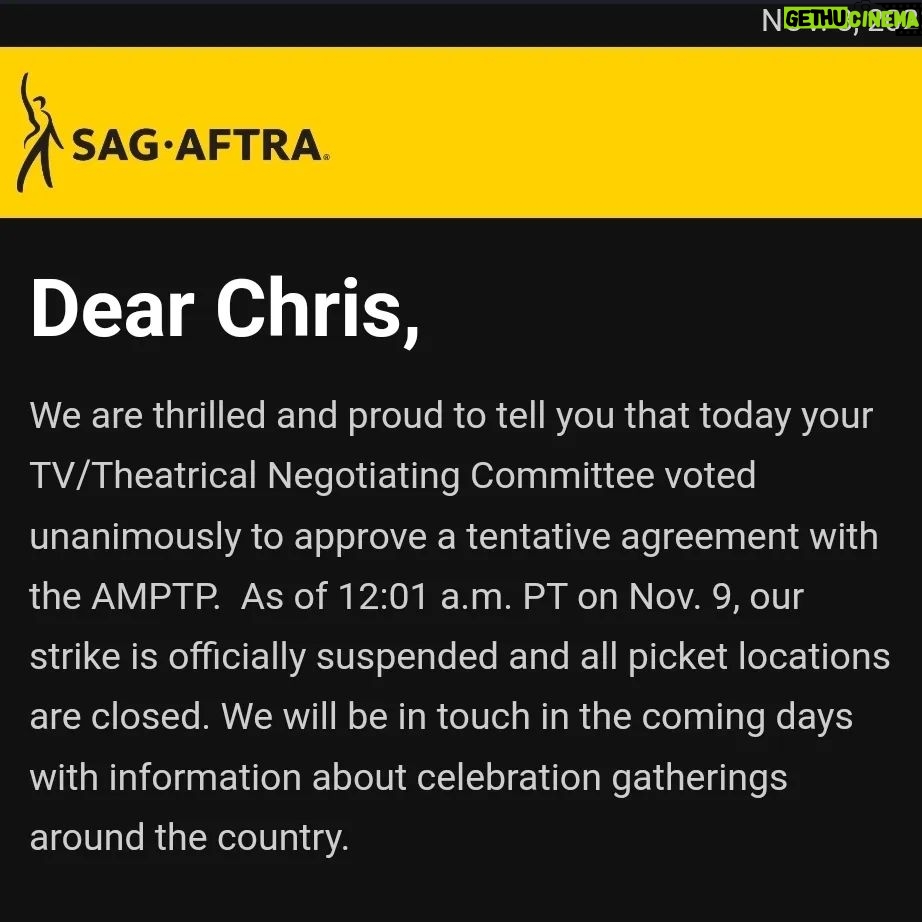 Chris Lamica Instagram - I am honored to have spent so many days walking the line and standing arm by arm with my brethren... fighting not only for the future of our profession, but of the industry as a whole.  It's amazing what can be accomplished when workers and people from all walks of life come together, in unity, and with a vision for a better, and more just, future. And DON'T BACK DOWN. We are at a pivotal time in history, with the greed of industries across the country are decimating the working class. Often seeming like a David vs Goliath battle that never can be won by David. But remember... you are worthy of getting what you rightfully deserve. And in this time of unprecedented corporate greed, we met it, head on, with an unprecedented show of worker response and force. Together, people and unions across the country, from all professions and backgrounds, can help fight for a change that can create a fairer and more democratic world. One based on the principles of love, solidarity, empathy, respect, equality, and compassion.  I am grateful of my union, @sagaftra -- and with immense amount of pride, and humility, I say.... I am an actor! --------------- In slide two - one of the most memorable experiences... I met the Screen Actor Guild's FIRST female President, Kathleen Nolan, and got to talk at length to her and her son @spencergarrett1 - she was and is such an inspiring human, whose lifelong commitment to the profession and Union cannot be overstated. Oh, and she gives the sweetest hugs! --------------- And the most meaningful experience.... my mom and dad, who are not attached to the union or profession in any way, drove across many state lines to be protest with me, and for me. It brings tears to my eyes writing this, as it is a moment of love and support that goes beyond words, and into action. Their unconditional love throughout means the world 🌎 ❤️ --------------- And to the hundreds (honestly, maybe thousands) of others I had the pleasure to meet and get to know on the line and along the way... our hard work paid off! And I hope "when you wish upon a star" that all your wishes and dreams come true ❤️ SAG-AFTRA