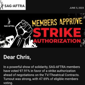 Chris Lamica Instagram - I am honored to have spent so many days walking the line and standing arm by arm with my brethren... fighting not only for the future of our profession, but of the industry as a whole. 

It's amazing what can be accomplished when workers and people from all walks of life come together, in unity, and with a vision for a better, and more just, future. And DON'T BACK DOWN.

We are at a pivotal time in history, with the greed of industries across the country are decimating the working class. Often seeming like a David vs Goliath battle that never can be won by David. But remember... you are worthy of getting what you rightfully deserve. And in this time of unprecedented corporate greed, we met it, head on, with an unprecedented show of worker response and force.

Together, people and unions across the country, from all professions and backgrounds, can help fight for a change that can create a fairer and more democratic world. One based on the principles of love, solidarity, empathy, respect, equality, and compassion. 

I am grateful of my union, @sagaftra -- and with immense amount of pride, and humility, I say.... I am an actor!

---------------

In slide two -  one of the most memorable experiences... I met the Screen Actor Guild's FIRST female President, Kathleen Nolan, and got to talk at length to her and her son @spencergarrett1 - she was and is such an inspiring human, whose lifelong commitment to the profession and Union cannot be overstated. Oh, and she gives the sweetest hugs!

---------------

And the most meaningful experience.... my mom and dad, who are not attached to the union or profession in any way, drove across many state lines to be protest with me, and for me. It brings tears to my eyes writing this, as it is a moment of love and support that goes beyond words, and into action. Their unconditional love throughout means the world 🌎 ❤️ 

---------------

And to the hundreds (honestly, maybe thousands) of others I had the pleasure to meet and get to know on the line and along the way... our hard work paid off! And I hope "when you wish upon a star" that all your wishes and dreams come true ❤️