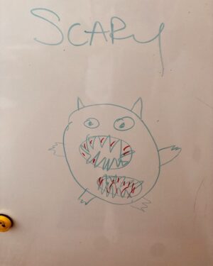 Chris O'Dowd Instagram - Been setting drawing projects for the boys where they need to interpret a word. Our 7-year-old, correctly suggests this creature is scary because it has a big scary mouth and a big scary bum and nobody knows which is which.