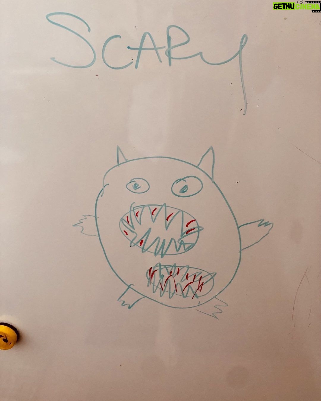 Chris O'Dowd - 2.6K Likes - Been setting drawing projects for the boys where they need to interpret a word. Our 7-year-old, correctly suggests this creature is scary because it has a big scary mouth and a big scary bum and nobody knows which is which.
