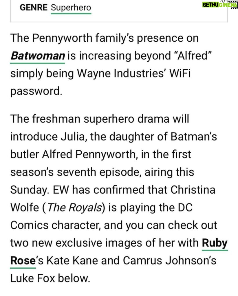 Christina Wolfe Instagram - So excited to announce that I have joined the DC Universe as Julia Pennyworth in #Batwoman. Airs Sundays 8/7c on The CW. 🦇 @cwbatwoman #michaelallowitz #warnerbros #cw #dccomics #superhero #dctv #arrowverse #gotham #batwomancw @entertainmentweekly